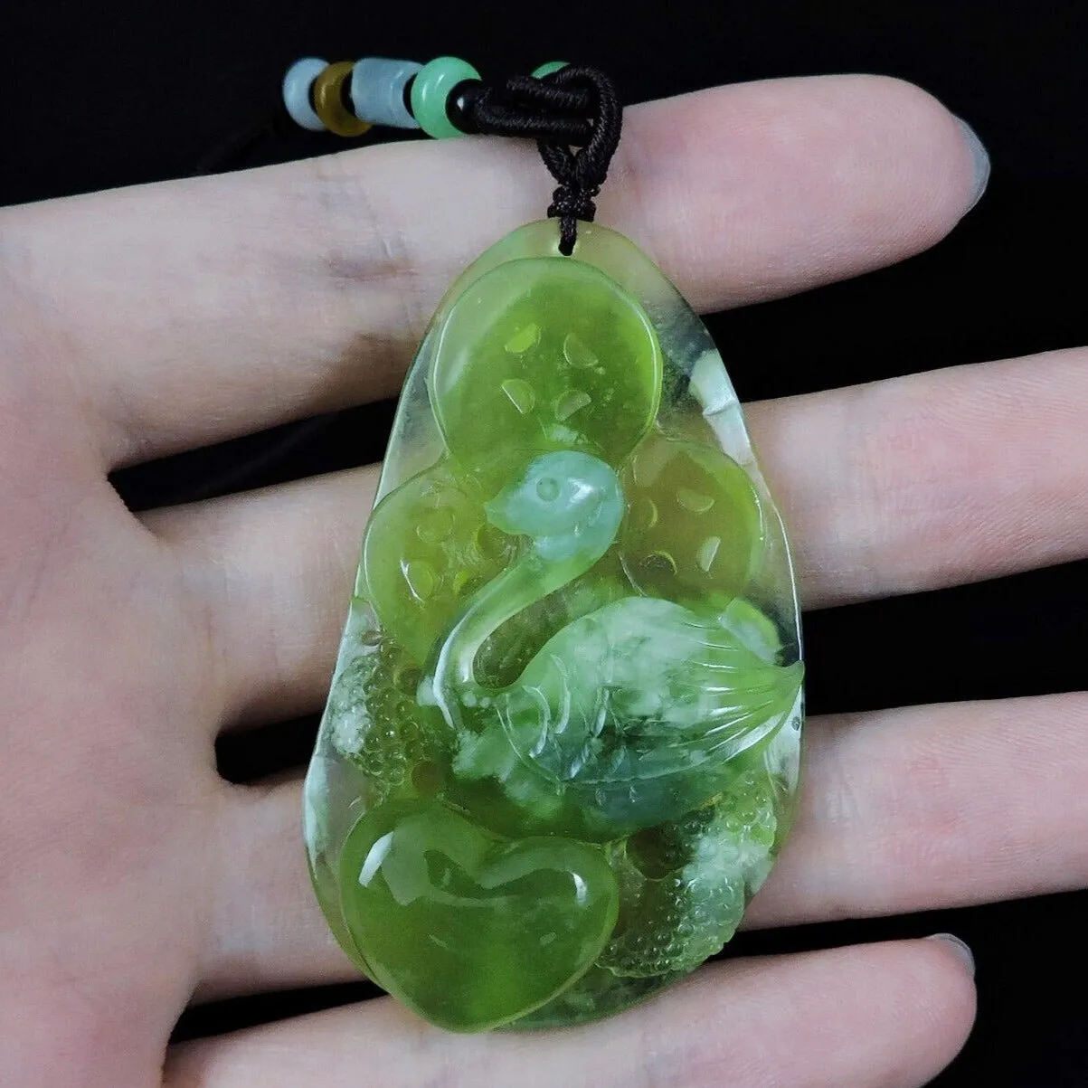 100% Natural Hand-Carved Jade Pendant Jadeite Necklace Swan & Love