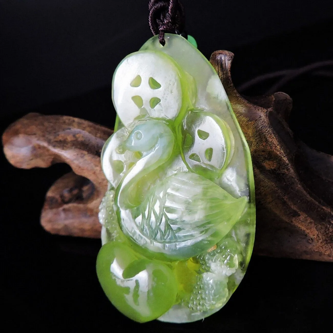 100% Natural Hand-Carved Jade Pendant Jadeite Necklace Swan & Love