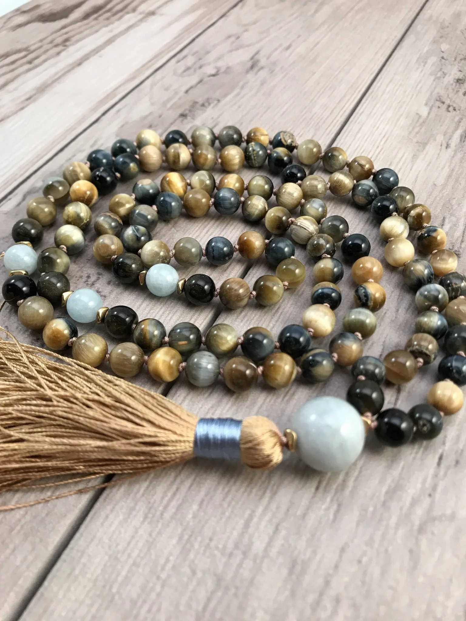 108 Mala Tassel Necklace in Yellow Honey   Blue Tigers Eye