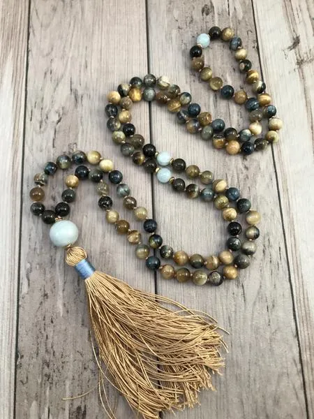 108 Mala Tassel Necklace in Yellow Honey   Blue Tigers Eye