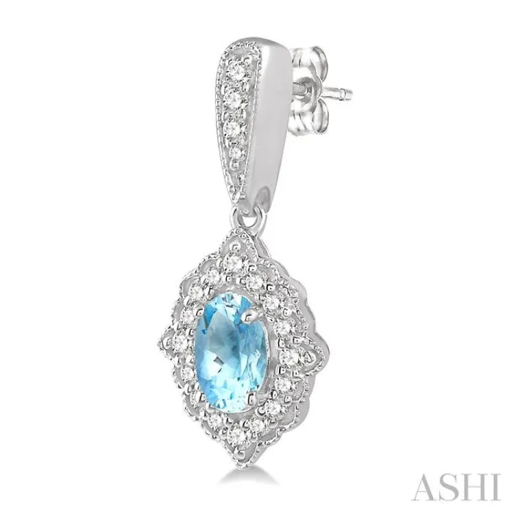 1/4 Ctw Oval Shape 5x3 MM Aquamarine & Round Cut Diamond Semi Precious Earrings in 10K White Gold