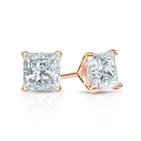 14k Rose Gold 1/2 Carat Created White Diamond Princess Stud Earrings (SI1) 4 Prong Setting by Paris Jewelry