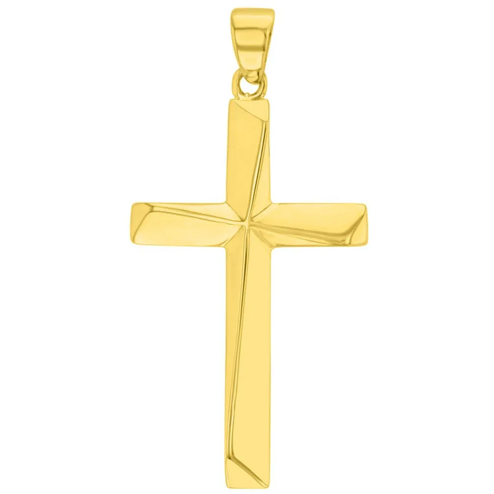 14K Solid Yellow Gold Elegant Religious Plain Cross Pendant with Figaro Chain Necklace