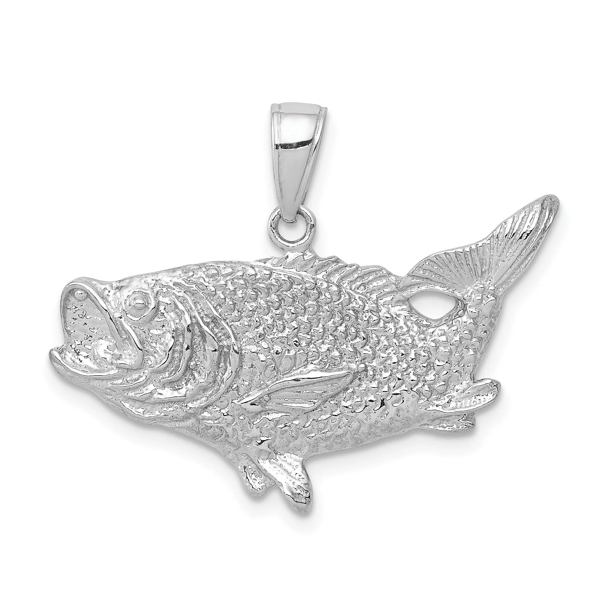 14k White Gold Bass Fish with Tail Up Pendant