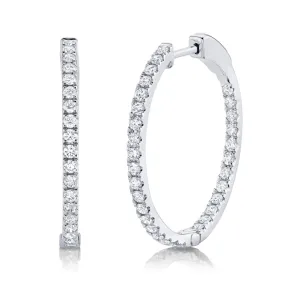 14K White Gold Diamond Hoop Earrings, Inside/Outside, 1 inch Diameter