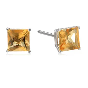 14k White Gold Plated 1/2 Carat Princess Cut Created Citrine Sapphire Stud Earrings