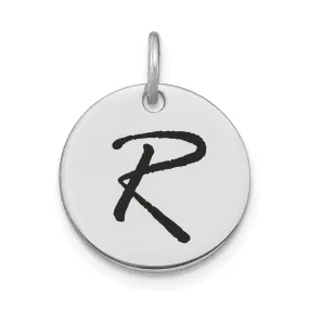 14k White Gold Polished Rhodium Black Epoxy Finish Letter R Initial Disk Shape Charm Pendant