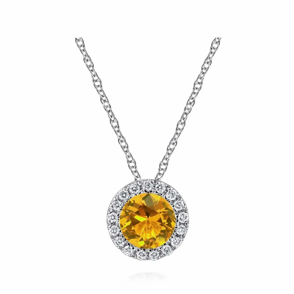 14K White Gold Round Citrine and Diamond Halo Pendant Necklace - NK2824W45CT