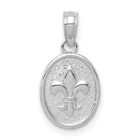 14k White Gold Solid Textured Polished Small Fleur De Lis in Oval Shape Design Charm Pendant