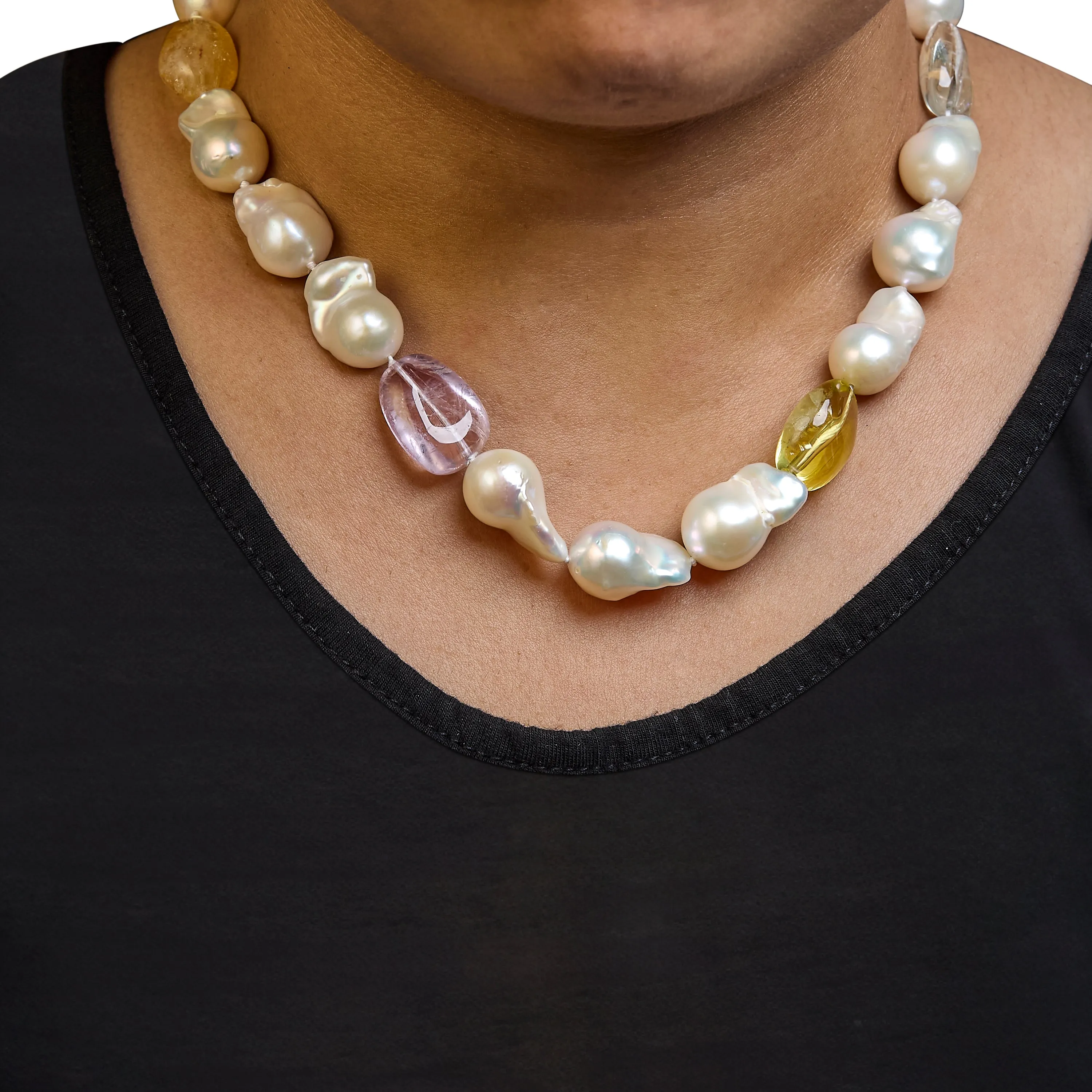 14K Yellow Citrine, Amethyst, and Baroque Pearl Strand Necklace