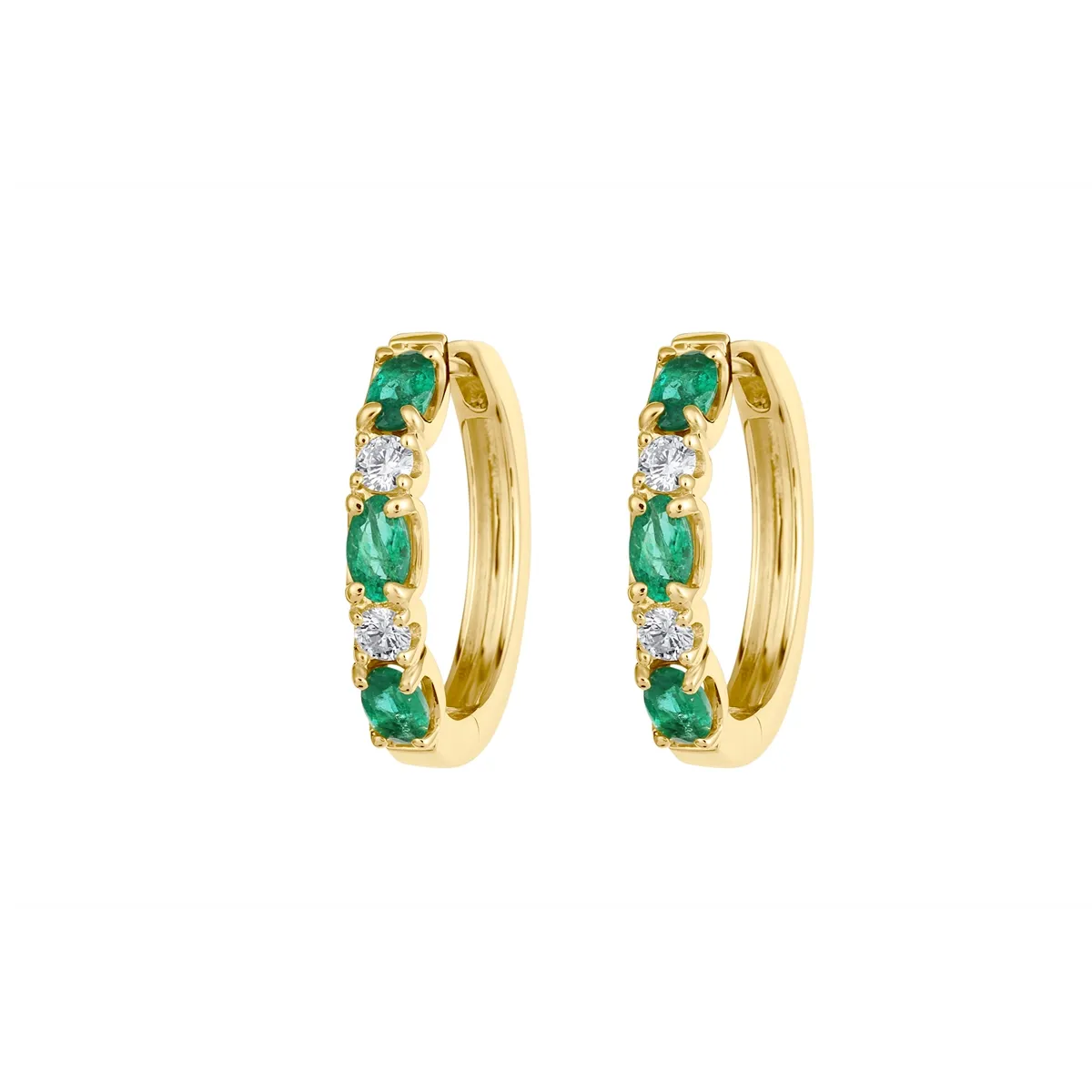 14K Yellow Gold Emerald and Diamond Hoop Earrings