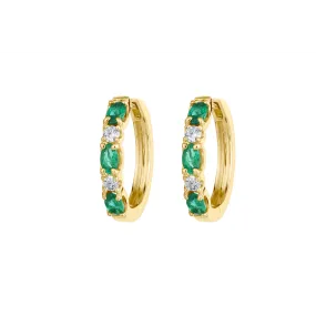 14K Yellow Gold Emerald and Diamond Hoop Earrings