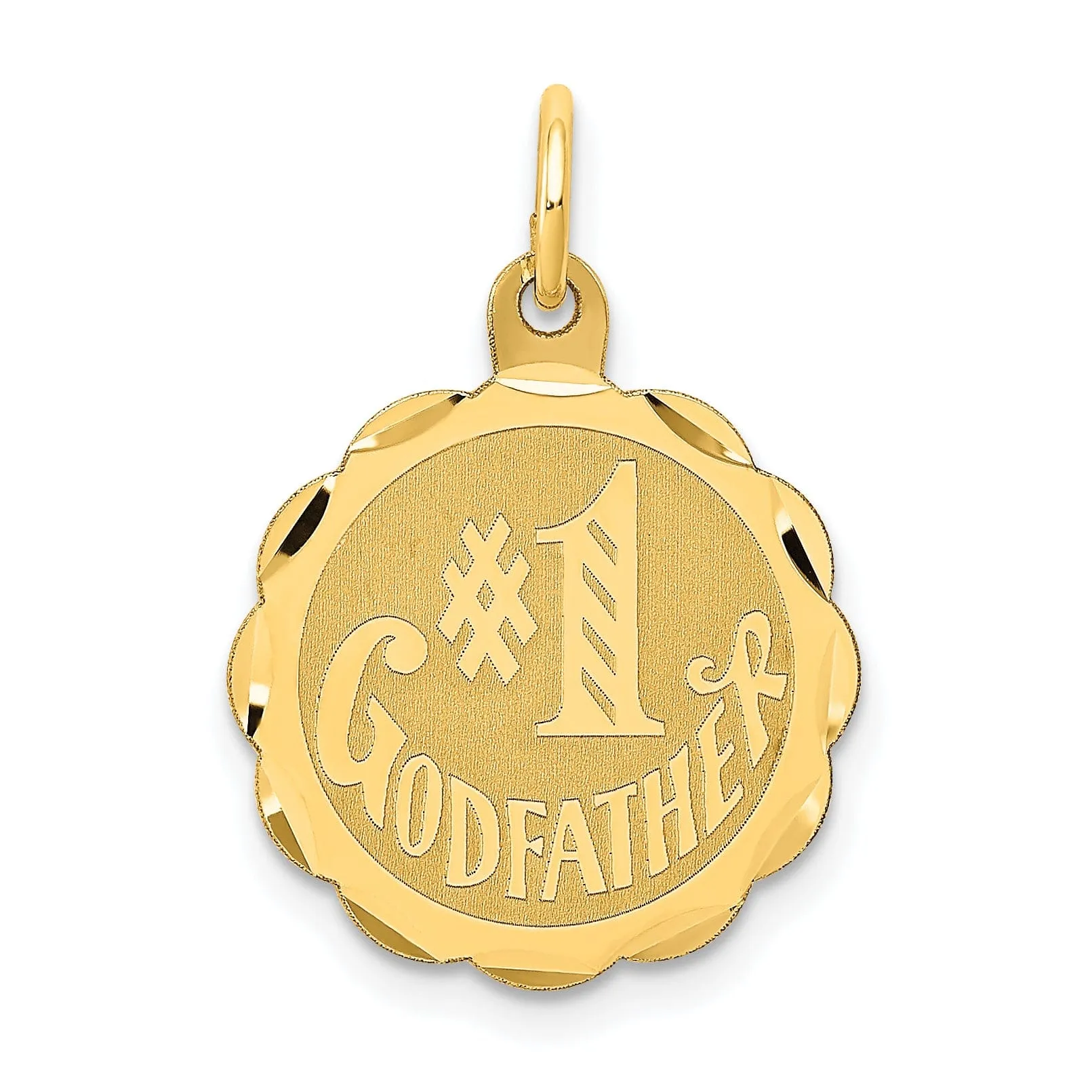 14K Yellow Gold Flat Back Polished Brushed Finish Round Shape with Lace Trim Design #1 GODFATHER Charm Pendant