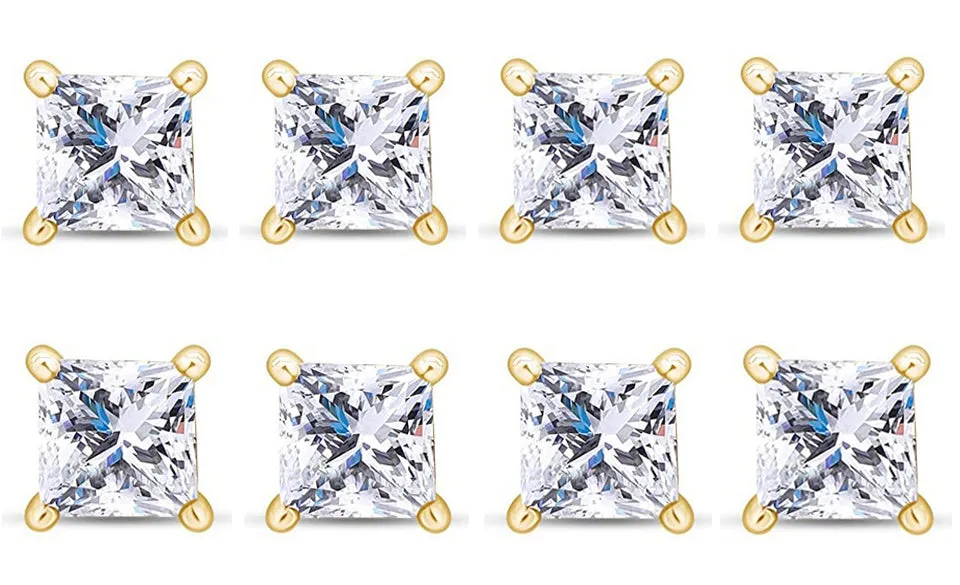 14k Yellow Gold Plated 1Ct Princess Cut White Sapphire Set Of Four Stud Earrings