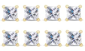 14k Yellow Gold Plated 1Ct Princess Cut White Sapphire Set Of Four Stud Earrings