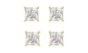 14k Yellow Gold Plated 1Ct Square Cut White Sapphire Set Of Two Stud Earrings