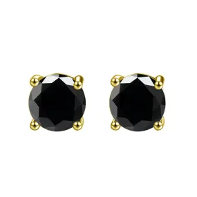 14k Yellow Gold Plated 3 Carat Round Created Black Sapphire Stud Earrings