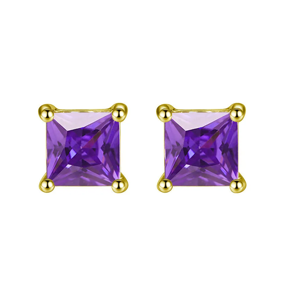 14k Yellow Gold Plated  3 Carat Square Created Amethyst Sapphire Stud Earrings