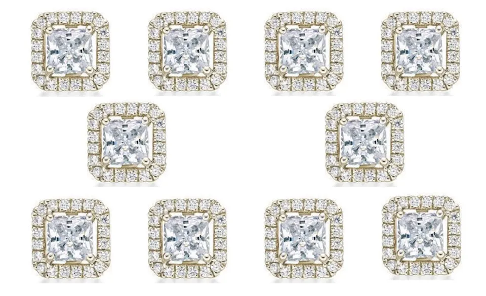 14k Yellow Gold Plated 3Ct Princess Cut White Sapphire Set of Five Halo Stud Earrings