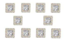 14k Yellow Gold Plated 4mm 1/2Ct Square Cut White Sapphire Set of Five Halo Stud Earrings