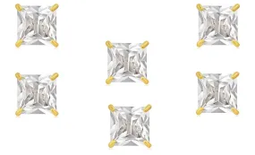 14k Yellow Gold Plated 4mm 1Ct Square Cut White Sapphire Set Of Three Stud Earrings