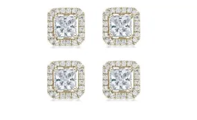 14k Yellow Gold Plated 6mm 1Ct Princess Cut White Sapphire Set of Two Halo Stud Earrings