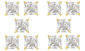 14k Yellow Gold Plated 6mm 1Ct Square Cut White Sapphire Set Of Five Stud Earrings