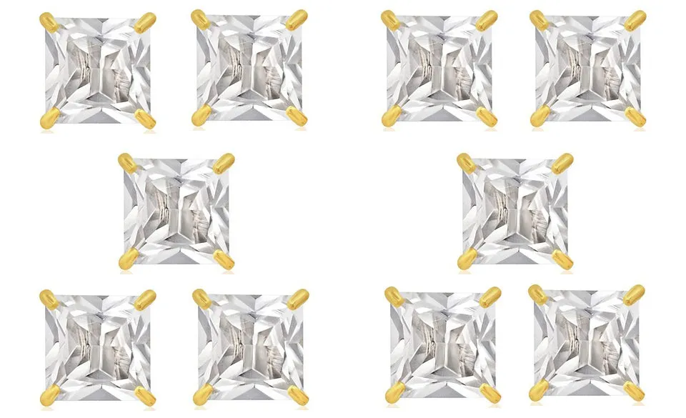 14k Yellow Gold Plated 6mm 1Ct Square Cut White Sapphire Set Of Five Stud Earrings