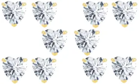 14k Yellow Gold Plated 6mm 4Ct Heart White Sapphire Set Of Five Stud Earrings