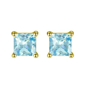 14k Yellow Gold Plated Over  4 Carat Princess Cut Created Blue Topaz Sapphire Stud Earrings