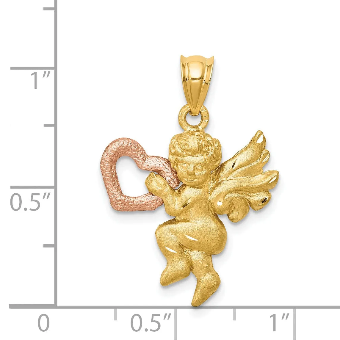 14k Yellow Rose Gold Satin D.C Finish Angel Holding Heart Pendant