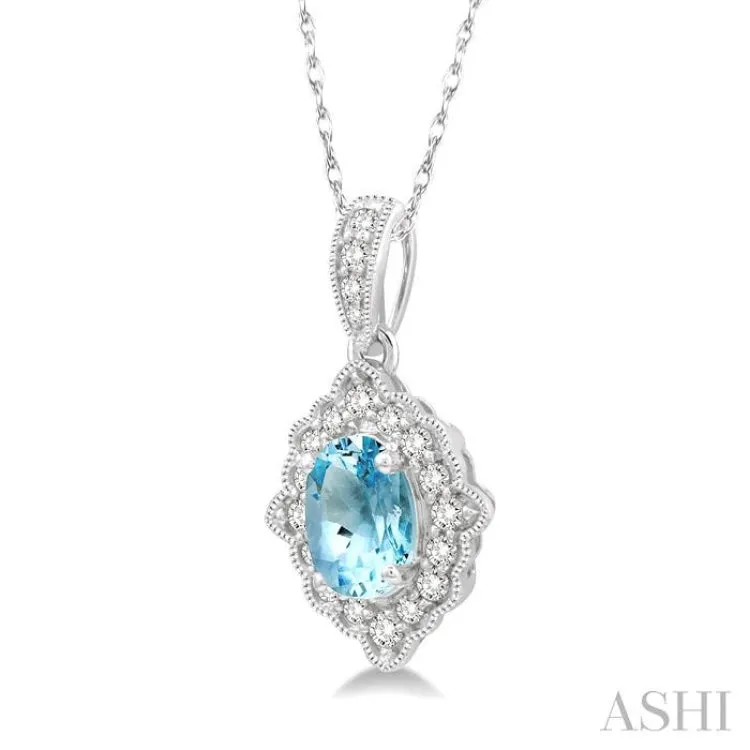 1/6 Ctw Round Cut Diamond and Ethnic Oval Cut 6x4mm Aquamarine Semi Precious Pendant in 10K White Gold with chain