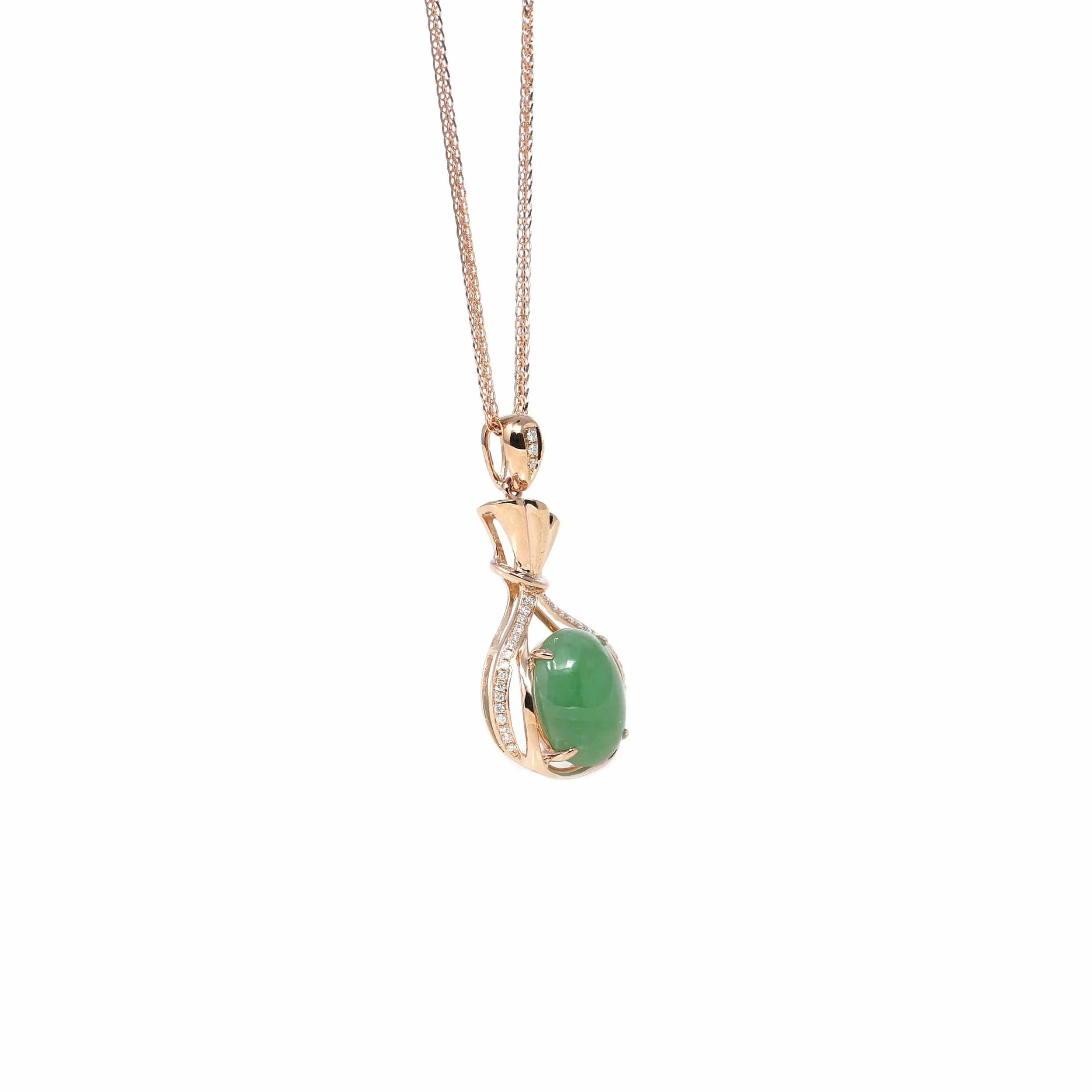 18K Rose Gold Oval Imperial Jadeite Jade Money Bag Style Necklace with Diamonds