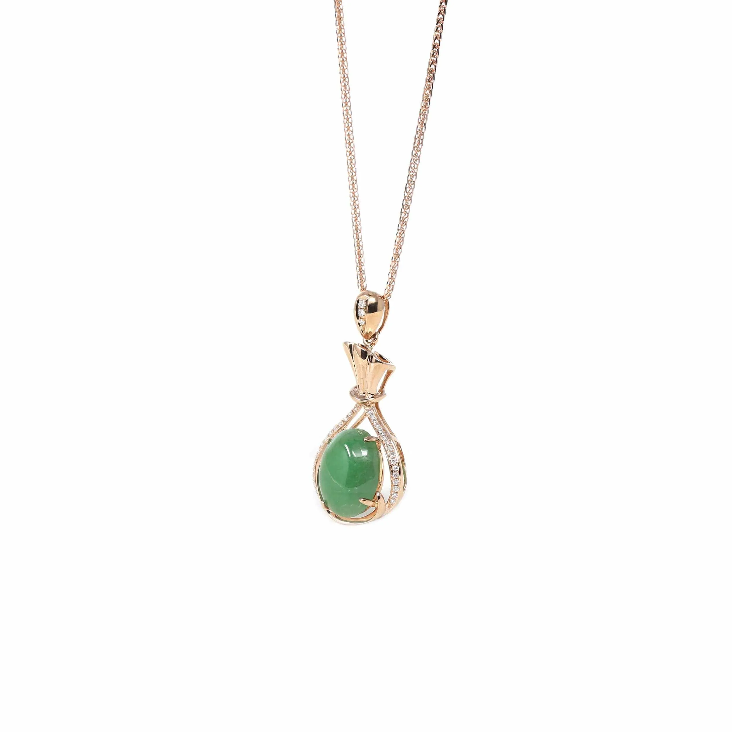 18K Rose Gold Oval Imperial Jadeite Jade Money Bag Style Necklace with Diamonds