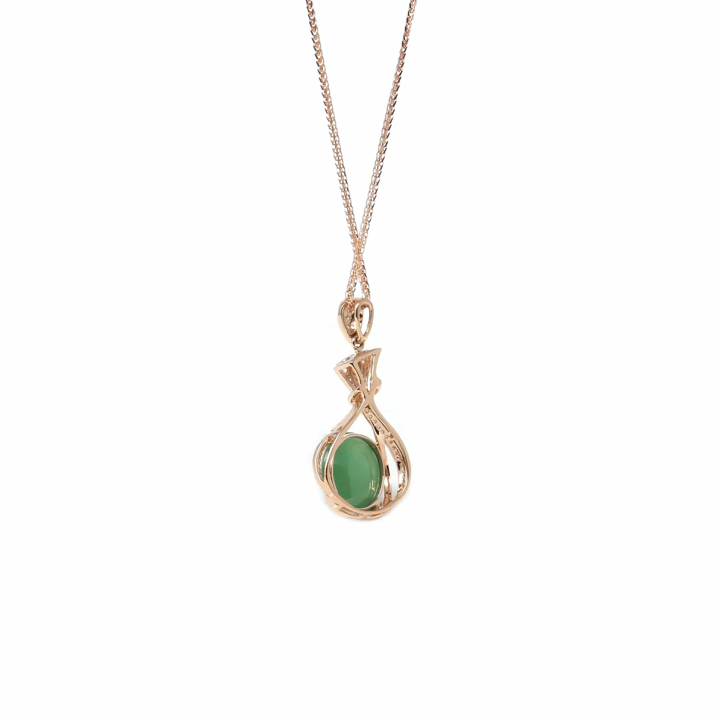 18K Rose Gold Oval Imperial Jadeite Jade Money Bag Style Necklace with Diamonds