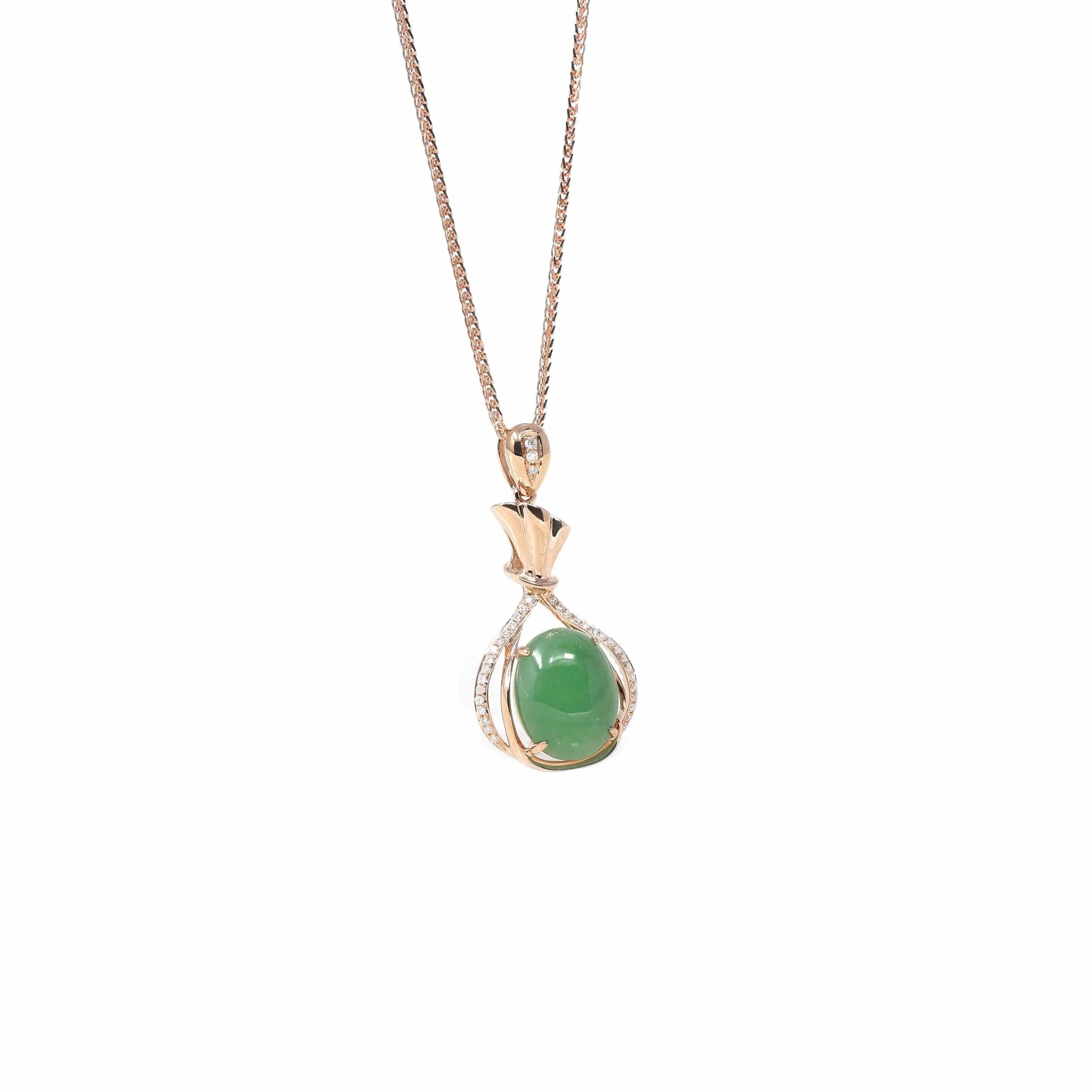 18K Rose Gold Oval Imperial Jadeite Jade Money Bag Style Necklace with Diamonds