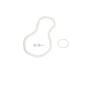 18K White Gold 2 ct Pearl Round 18 Inch Necklace, Bracelet and Earrings Set Plated