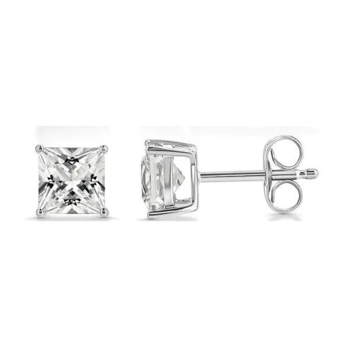 18k White Gold 2 Pair Moissanite Round & Princess Cut Stud Earrings Plated 4mm By Paris Jewelry