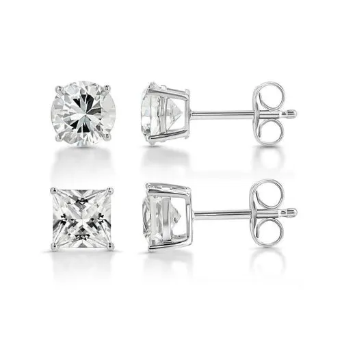 18k White Gold 2 Pair Moissanite Round & Princess Cut Stud Earrings Plated 4mm By Paris Jewelry