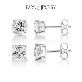 18k White Gold 2 Pair Moissanite Round & Princess Cut Stud Earrings Plated 4mm By Paris Jewelry