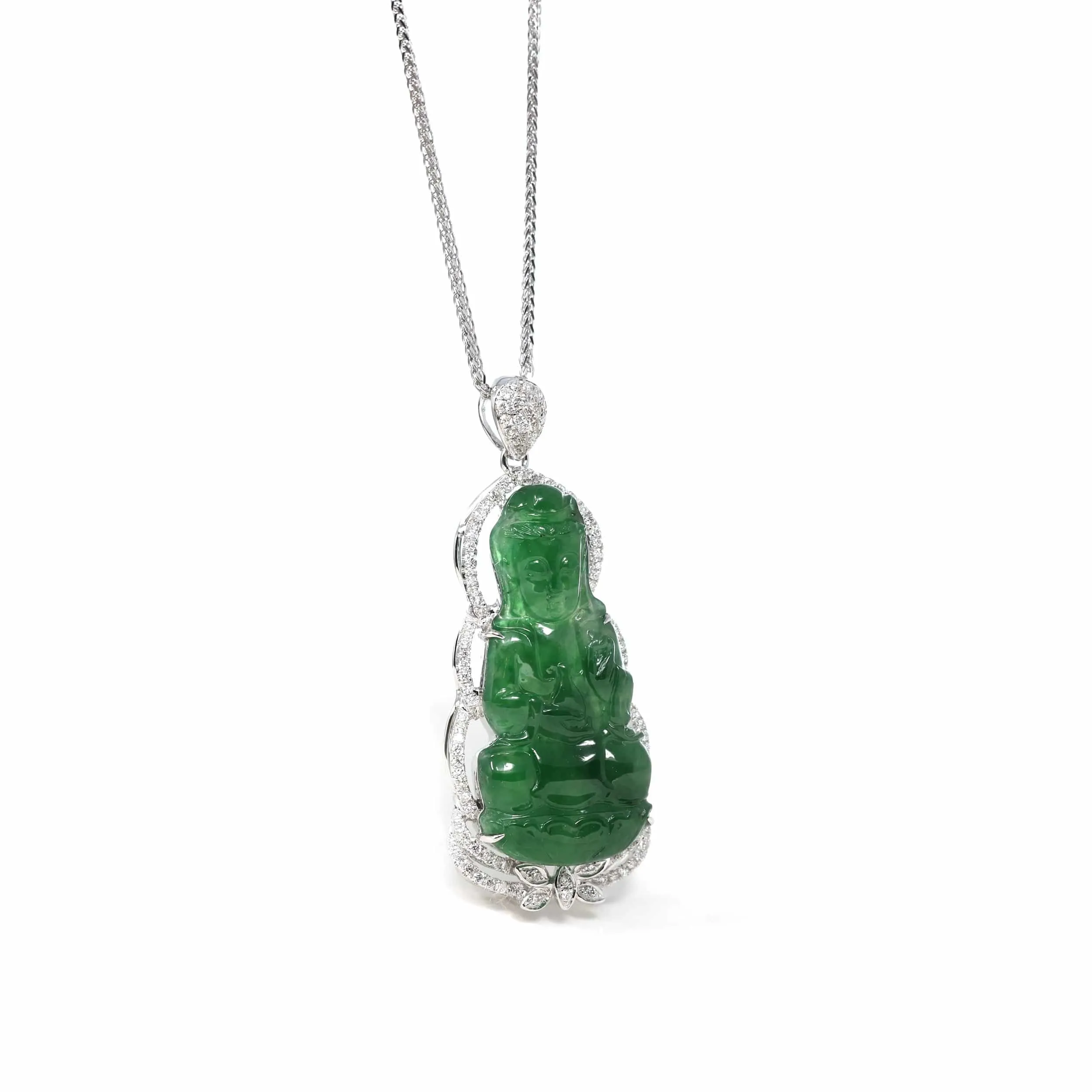 18K White Gold High-End Imperial Jadeite Jade "Goddess of Compassion" Guan Yin Necklace with Diamonds