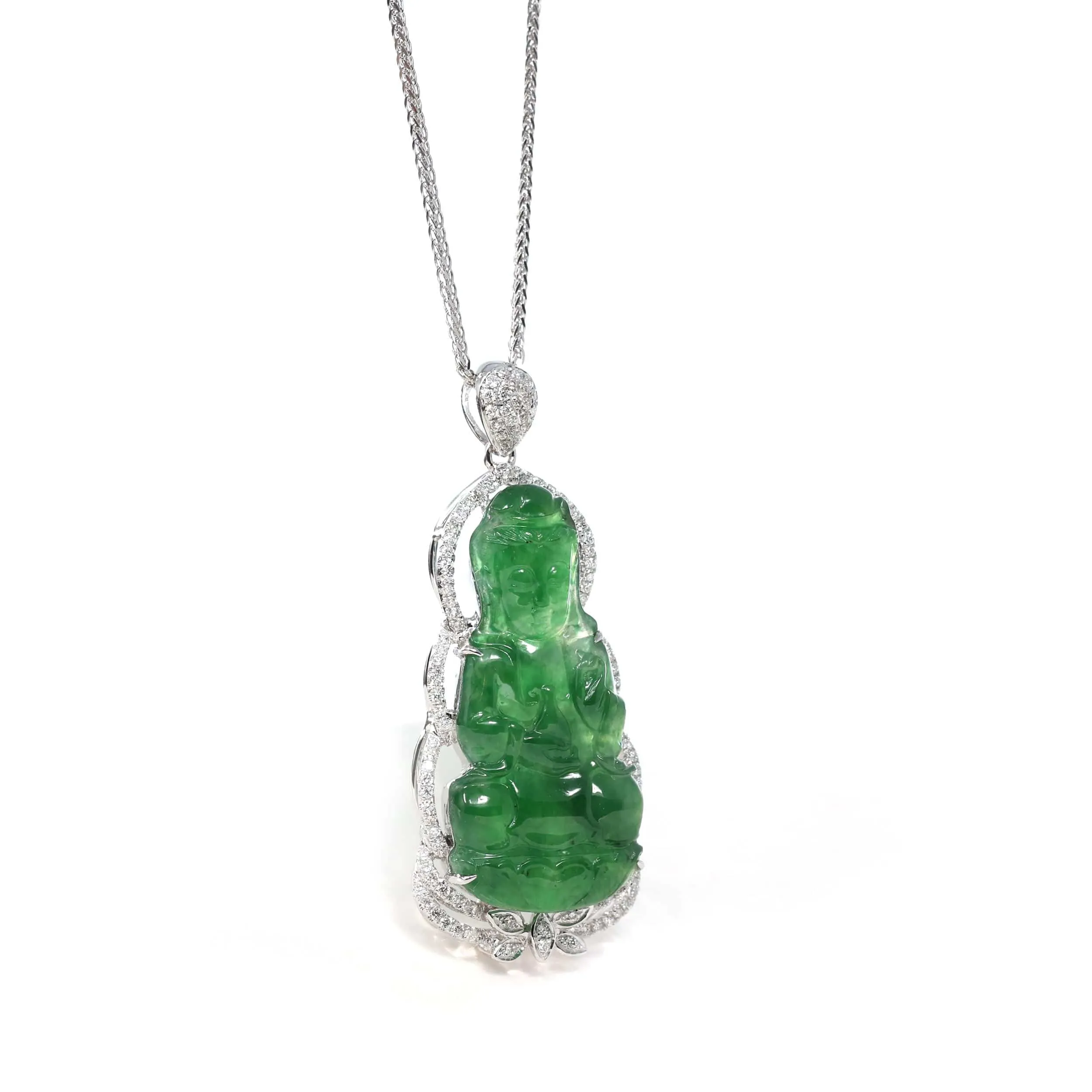 18K White Gold High-End Imperial Jadeite Jade "Goddess of Compassion" Guan Yin Necklace with Diamonds