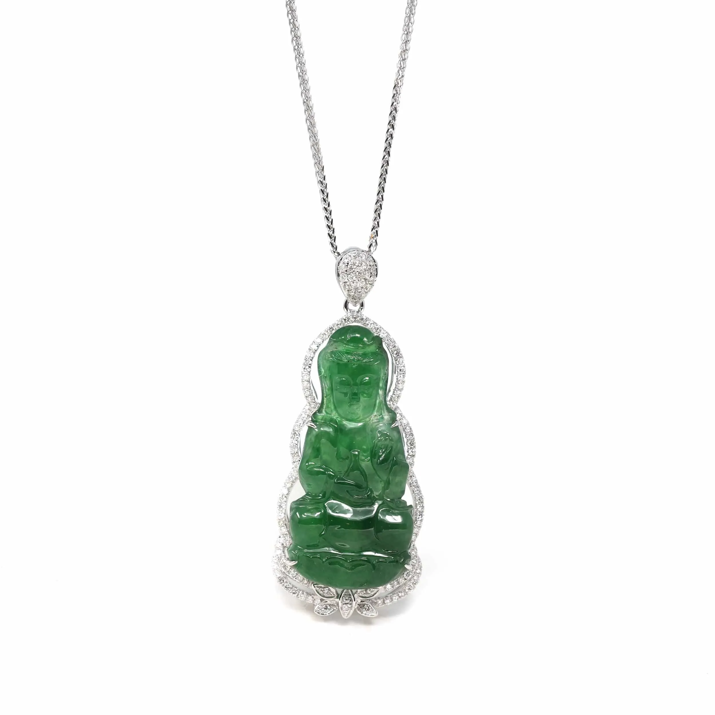 18K White Gold High-End Imperial Jadeite Jade "Goddess of Compassion" Guan Yin Necklace with Diamonds