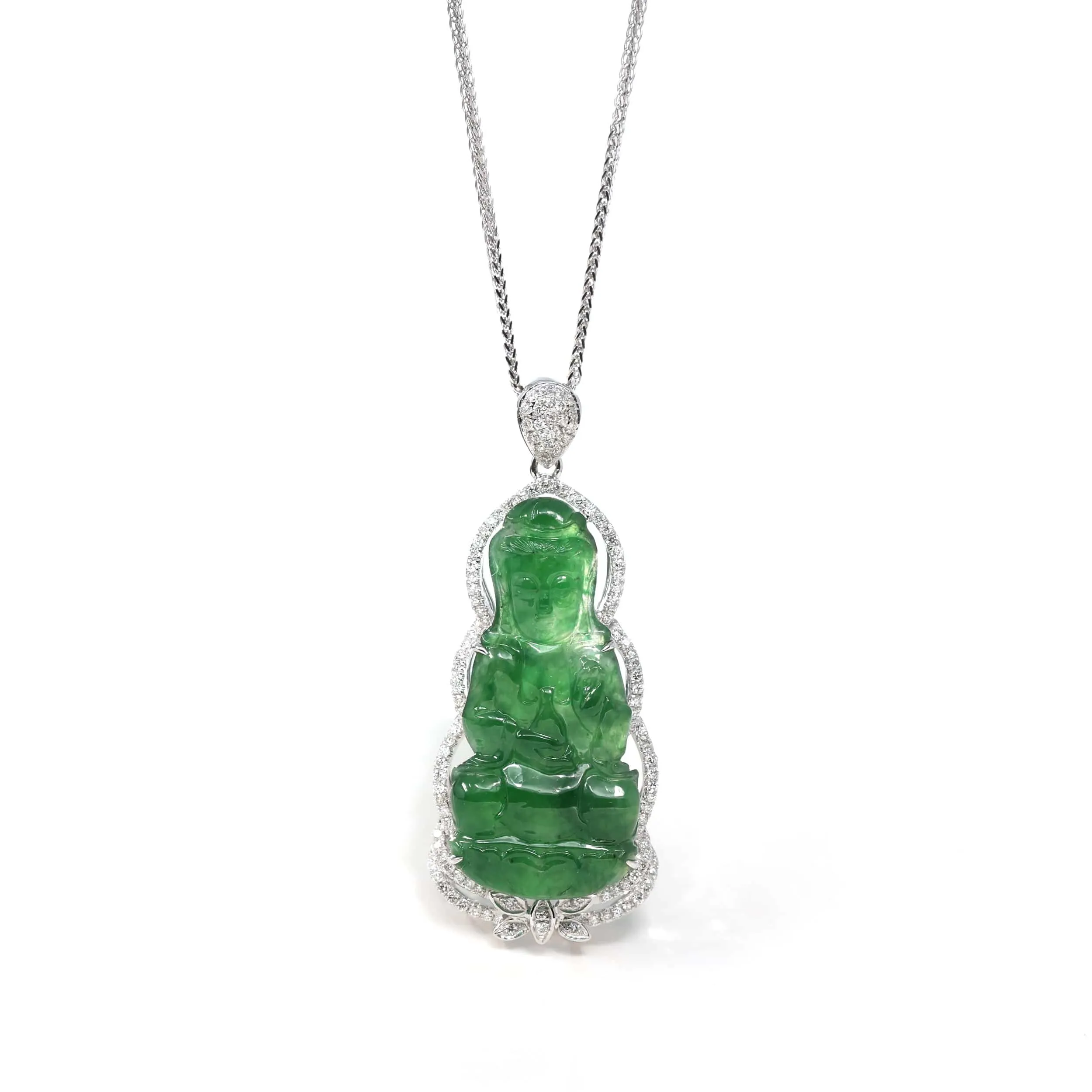 18K White Gold High-End Imperial Jadeite Jade "Goddess of Compassion" Guan Yin Necklace with Diamonds