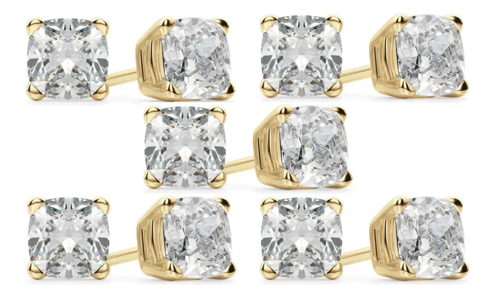 18k Yellow Gold 4mm 4Ct Cushion Cut White Sapphire Set Of Five Stud Earrings Plated