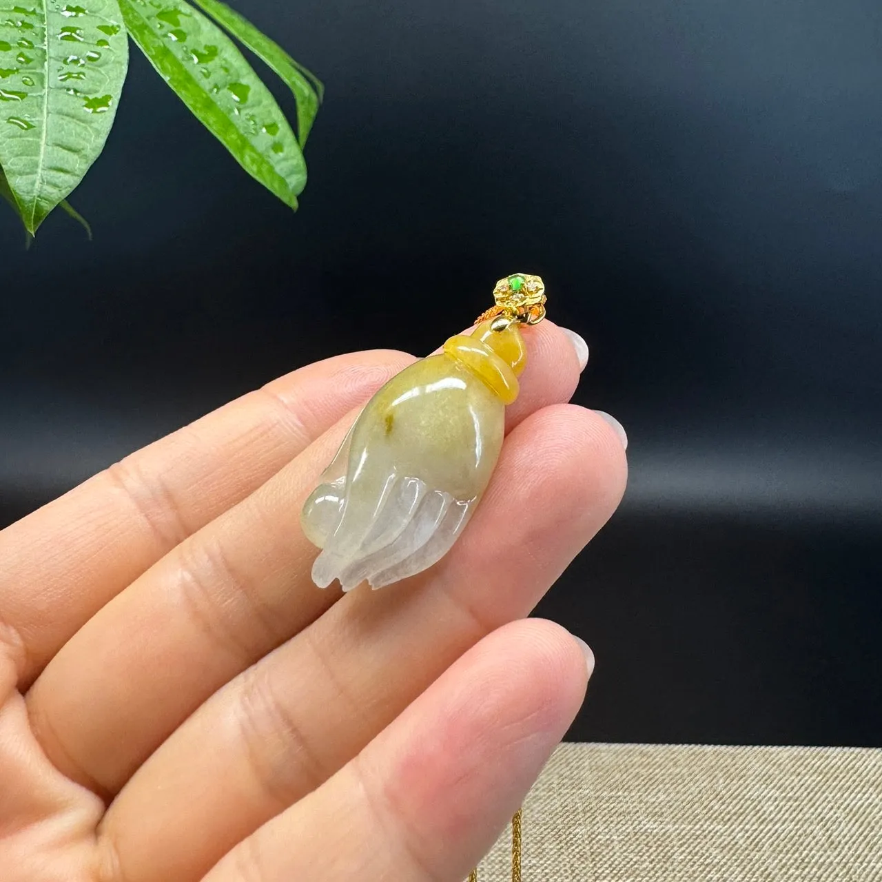 18K Yellow Gold Burmese Icy Yellow Jadeite Jade Happy Buddha Hand Pendant