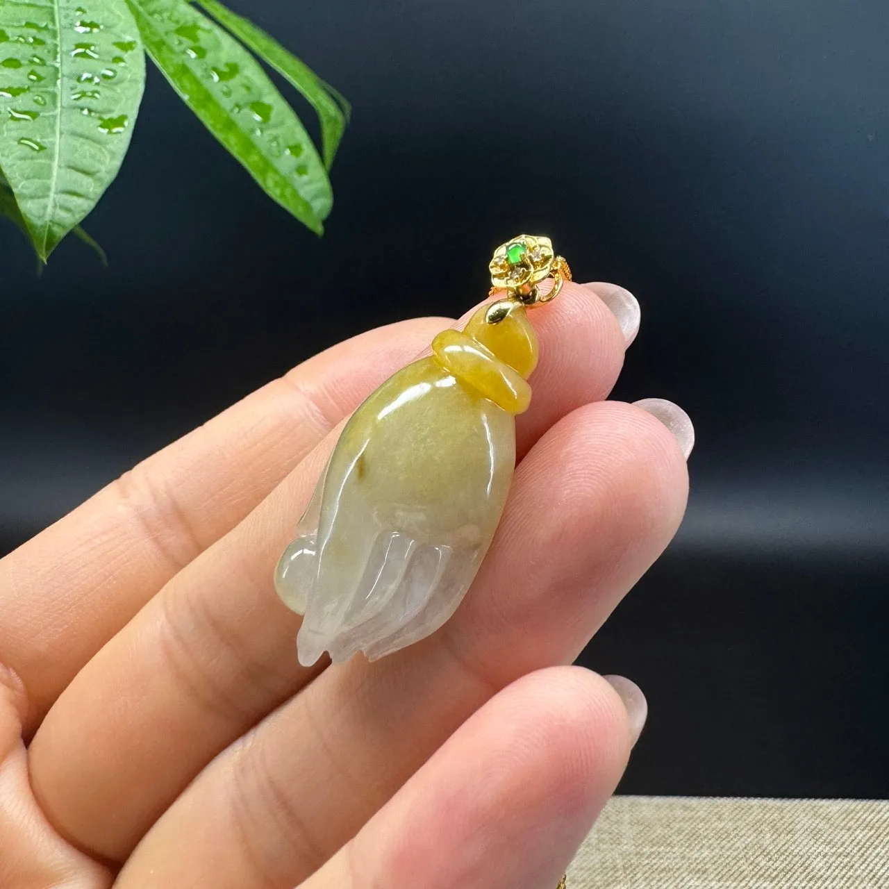 18K Yellow Gold Burmese Icy Yellow Jadeite Jade Happy Buddha Hand Pendant