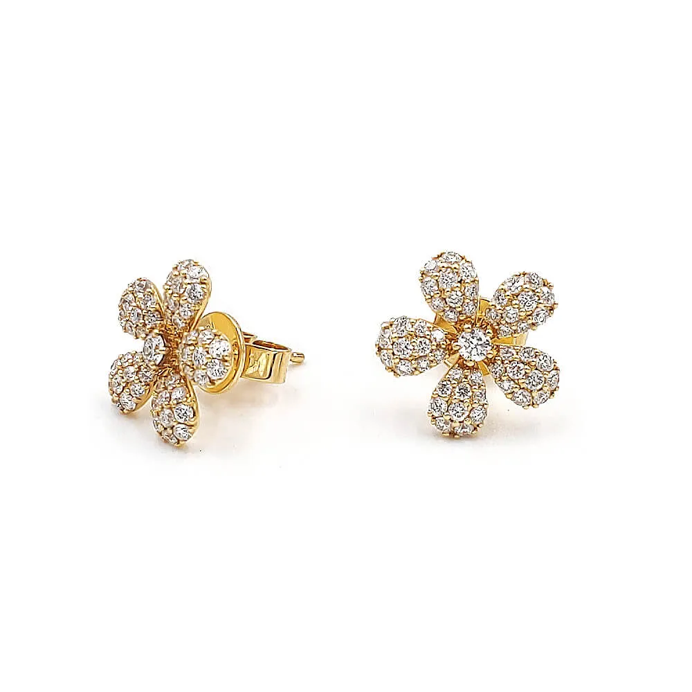 18K Yellow Gold Flower Diamond Stud Earrings