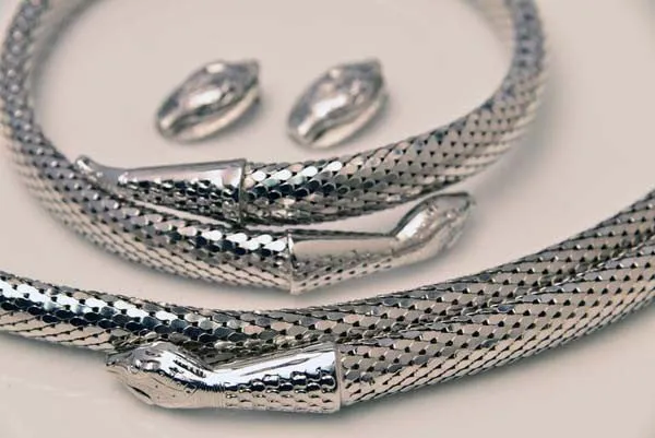 1960s Whiting and Davis Silvertone Snake Choker, Earrings, and Belt