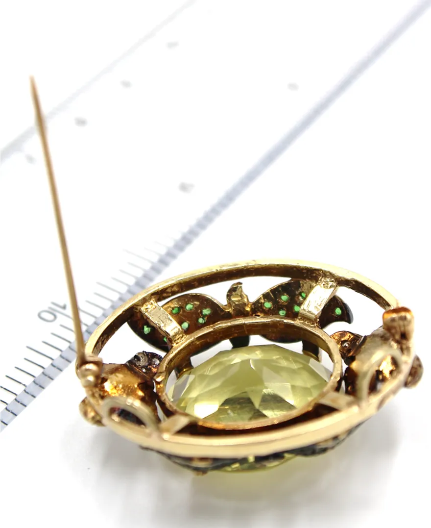 20 Carat Lime Citrine Brooch with Tsavorites and Diamonds